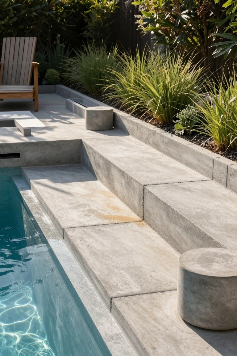 Gray concrete steps leading into a turquoise inground pool, with adjacent concrete decking, cylindrical stools, greenery plantings, and a wooden lounge chair nearby.