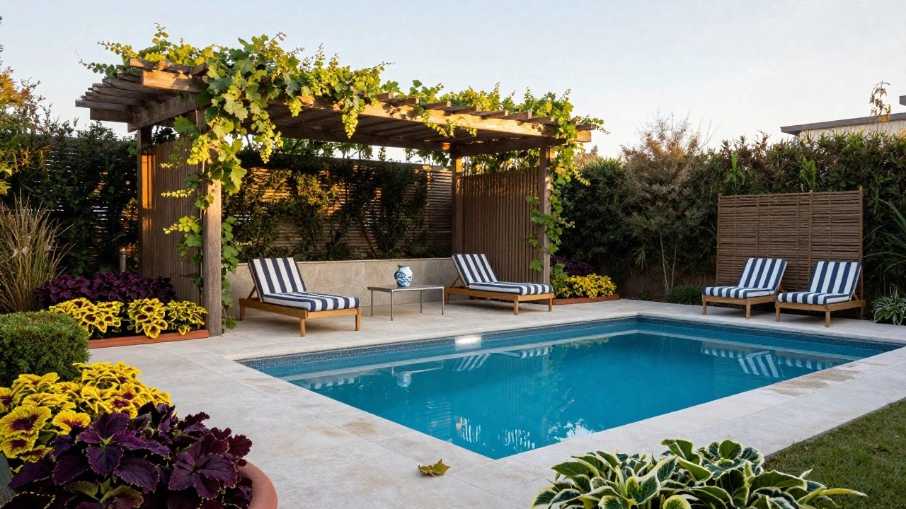 Wooden pergola draped in green climbing vines with bamboo screen walls shades two striped chaise lounges and a side table beside a pool, with potted plants in terracotta pots along the edge.