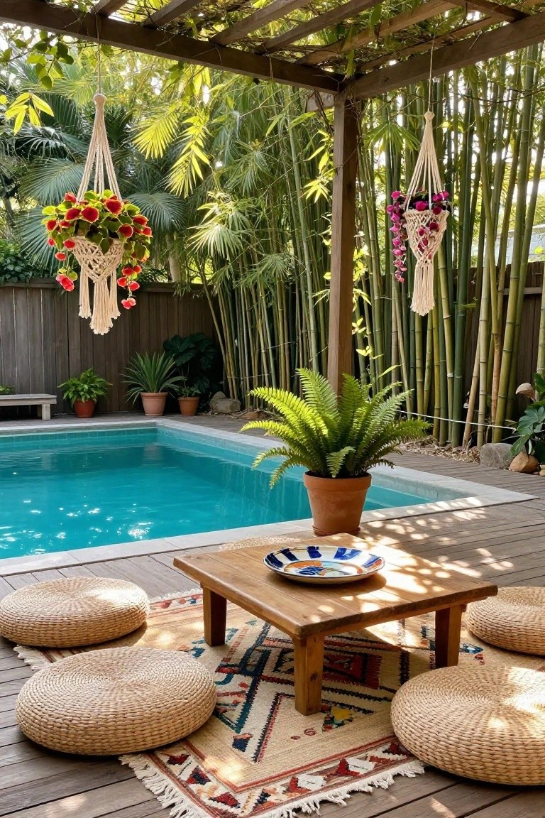 Wooden pergola over a pool deck with hanging macrame planters of red and pink flowers, low wooden table holding a blue and white plate, woven floor poufs on a patterned rug, large fern in terracotta pot, turquoise pool, and bamboo screen in background.