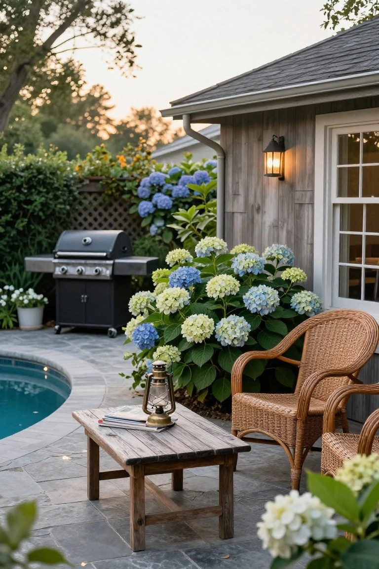 Stone-paved poolside patio with large blooming blue and white hydrangea bushes next to wicker armchairs, a wooden low table with lantern and books, black gas grill, and weathered wood garden shed.
