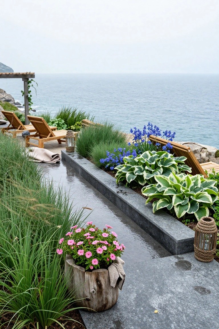Wet slate path on a coastal terrace bordered by ornamental grasses, variegated hosta plants, blue flowers, and pink blooms in a stump pot, with wooden loungers and lanterns overlooking the ocean.