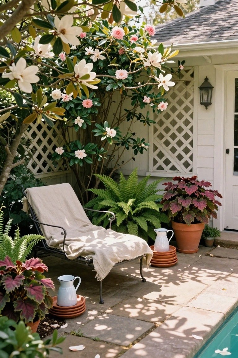 Beige chaise lounge with cream throw on a stone patio next to a swimming pool edge, under a blooming magnolia tree, surrounded by green ferns, red-leafed coleus in terracotta pots, white metal pitchers on saucers, and a white lattice-sided pool house in the background.