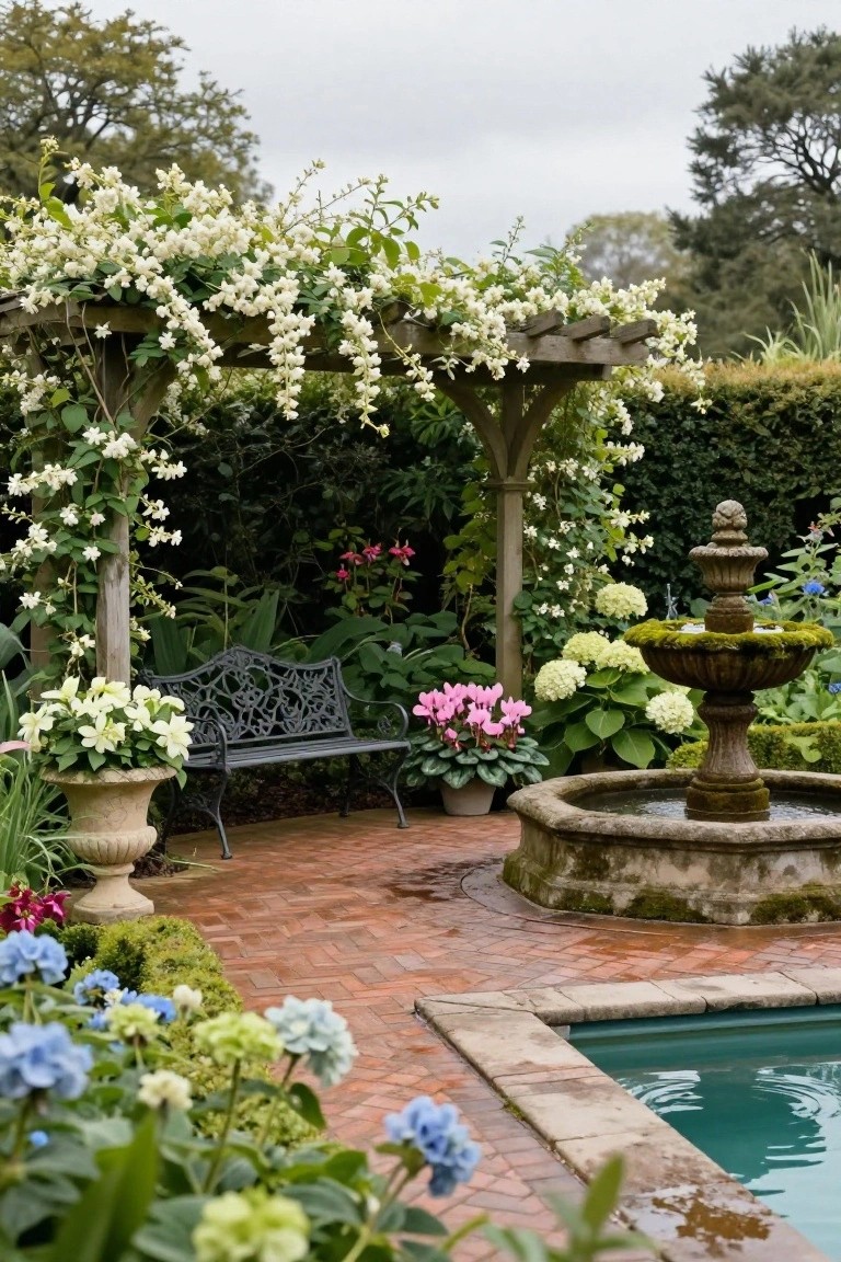 Wooden pergola covered in white flowering vines arching over a black metal bench near a stone fountain, surrounded by potted plants, hydrangeas, and brick paving beside a turquoise pool.