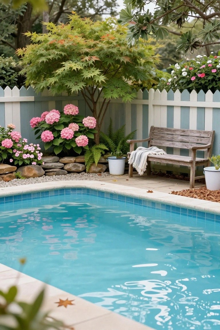 Turquoise pool edged with pink hydrangea bushes, ferns in pots, rock borders, and a weathered wooden bench against a blue and white picket fence, surrounded by trees and plants.