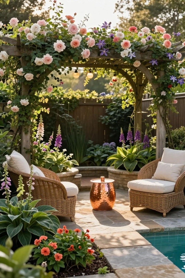 Wooden pergola covered in pink and white climbing roses and purple clematis over two white cushioned wicker chairs and a copper drum table on stone pavers next to a pool, with foxglove, hosta, and calibrachoa plants nearby.
