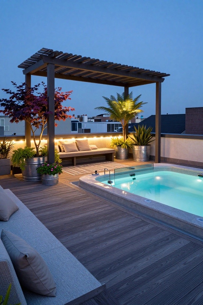 Rooftop deck featuring a lit hot tub, wooden pergola with purple maple tree, metal bucket planters with various plants, bench seating, and lounge chairs at dusk.