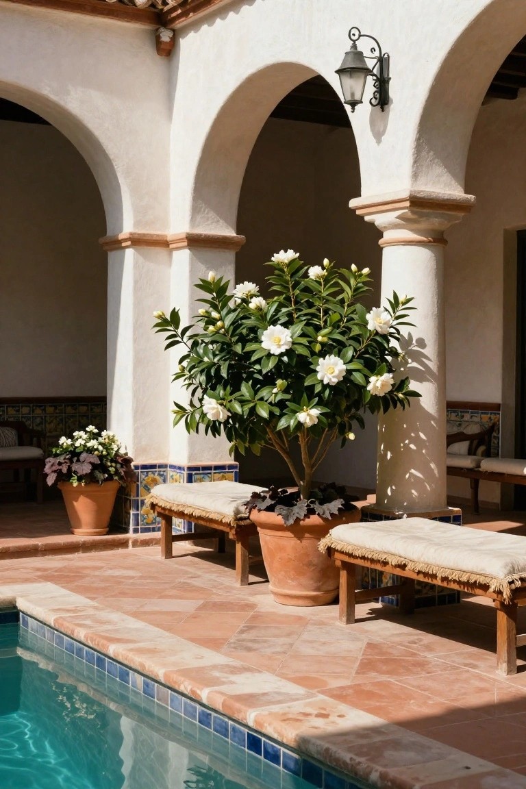 Poolside terrace with white stucco arches and columns, large potted gardenia shrub bearing white flowers, smaller potted plants, wooden benches with fabric cushions, terracotta pots, and turquoise pool water.