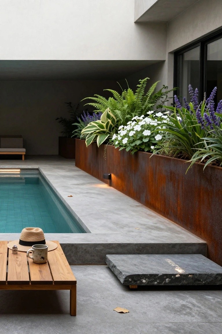 Poolside view showing turquoise pool water, gray concrete deck with wooden table holding a hat and mug, nearby lounge chair, and tall raised rusted metal planters overflowing with ferns, white flowers, green strap leaves, and purple blooms along the pool edge.