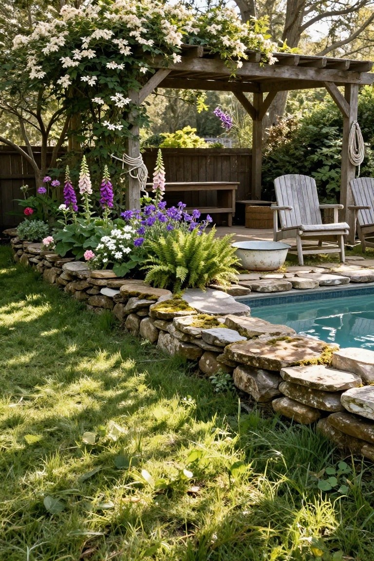 Backyard pool bordered by a moss-covered stone wall densely planted with tall pink and purple foxgloves, blue delphiniums, white flowers, ferns, and other perennials, with a wooden pergola draped in white climbing vines and two Adirondack chairs nearby.