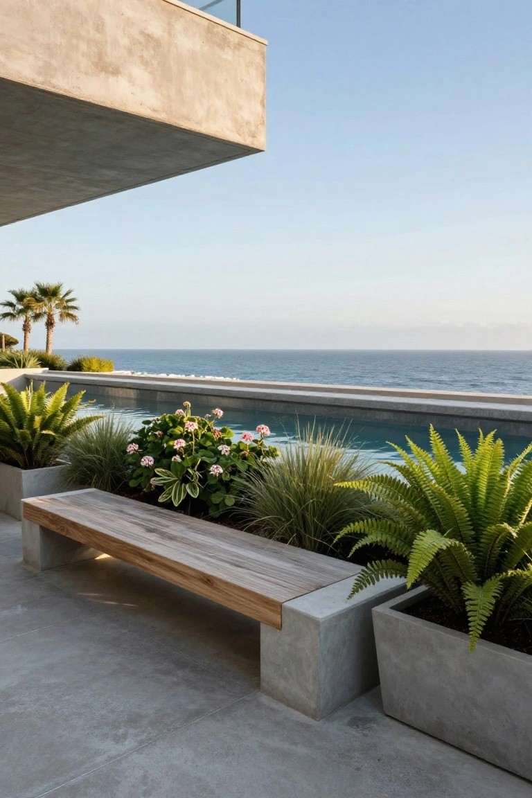 Wooden bench on concrete base surrounded by large gray planters with ferns, ornamental grasses, and pink-flowering plants on a poolside terrace overlooking the ocean.