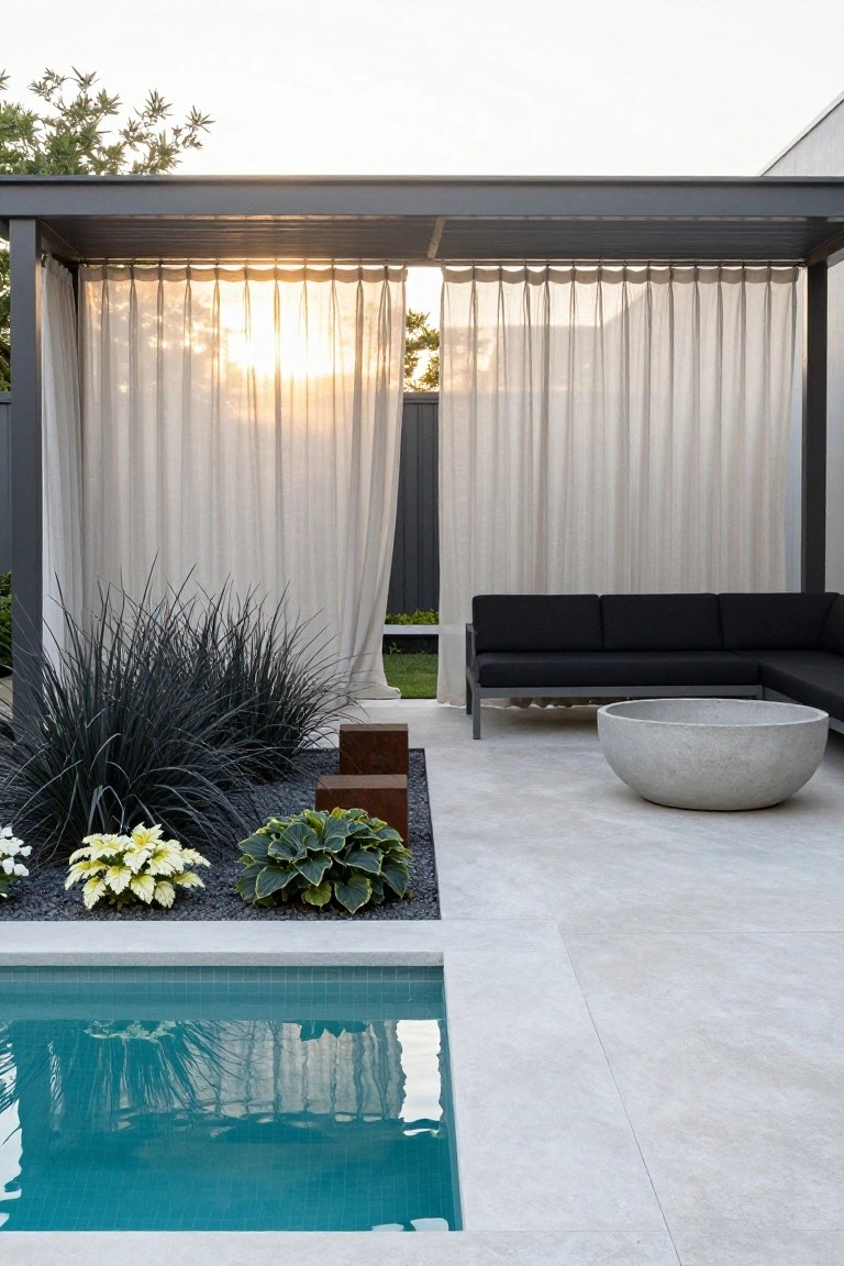 Small turquoise-tiled pool next to light stone deck with gravel planting bed of tall bluish grasses, variegated broad-leaf plants, white flowers, two wooden cubes, large concrete bowl, black L-shaped sofa under open gray pergola with sheer white curtains.