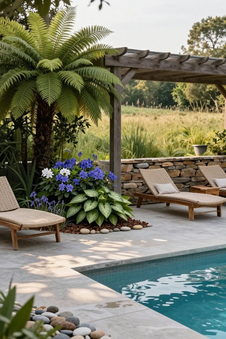 Poolside area with woven loungers under a wooden pergola shaded by a large tree fern, blue and white flowering plants nearby, stone wall, and turquoise pool with gray tile deck.
