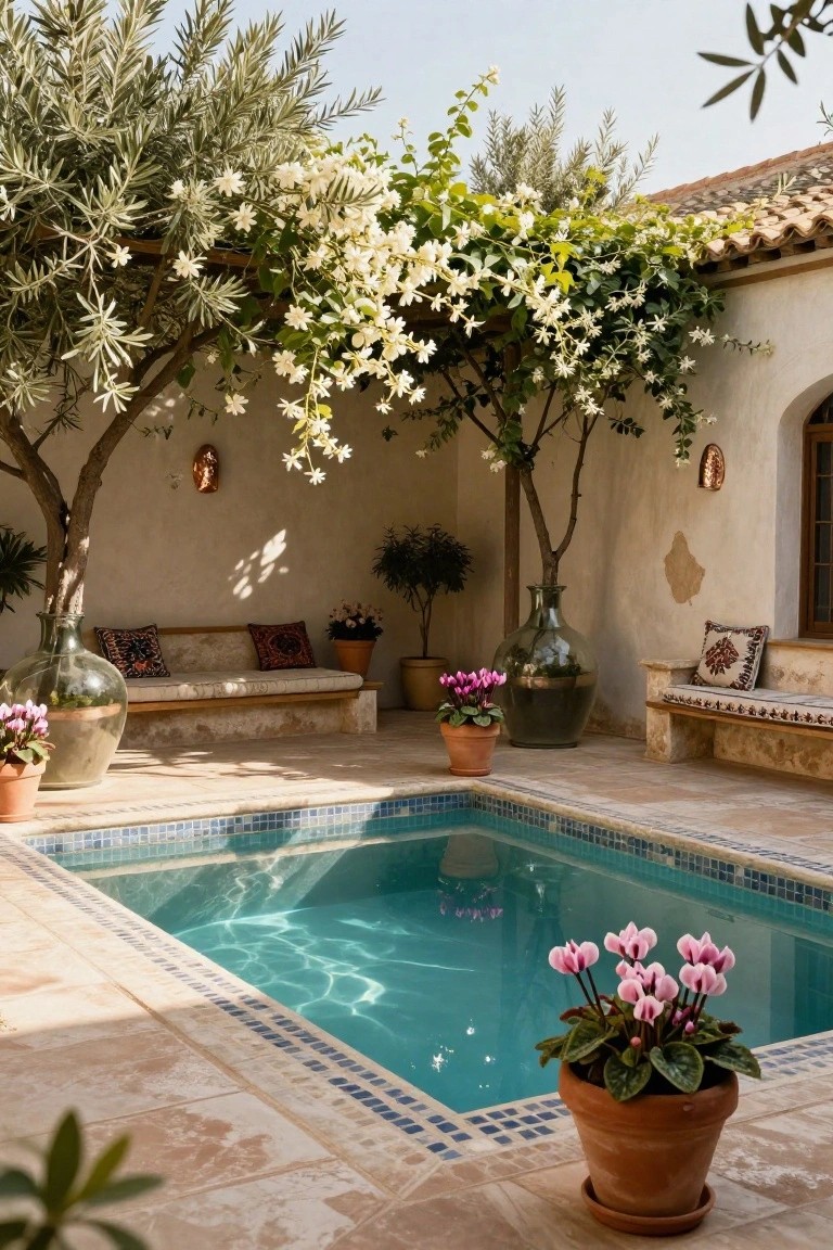 Small turquoise pool in a beige stucco courtyard shaded by two olive trees and white flowering vines on a pergola, surrounded by terracotta pots with pink cyclamen and other plants, built-in benches with patterned cushions.