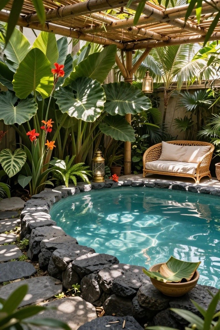 Small round turquoise pool with black stone edging surrounded by large green elephant ear plants, red ginger flowers, ferns, and other tropical foliage under a bamboo pergola, with a rattan loveseat, lanterns, and a bowl on the edge.