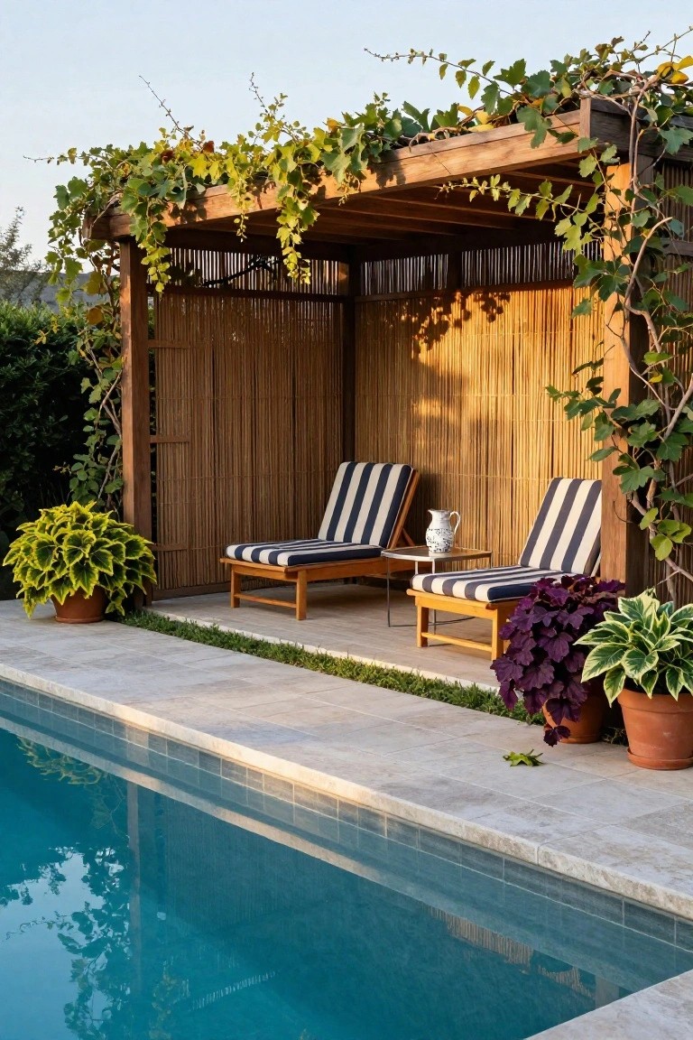 Wooden pergola draped in green climbing vines with bamboo screen walls shades two striped chaise lounges and a side table beside a pool, with potted plants in terracotta pots along the edge.