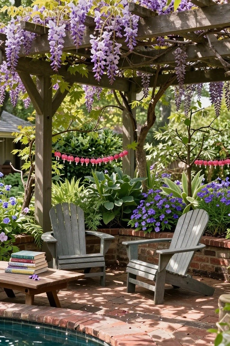 Wooden pergola covered in purple wisteria blooms arches over two gray Adirondack chairs and a low wooden table with stacked books, positioned on a brick patio beside a curved pool edge amid various green plants and pink flower garlands.