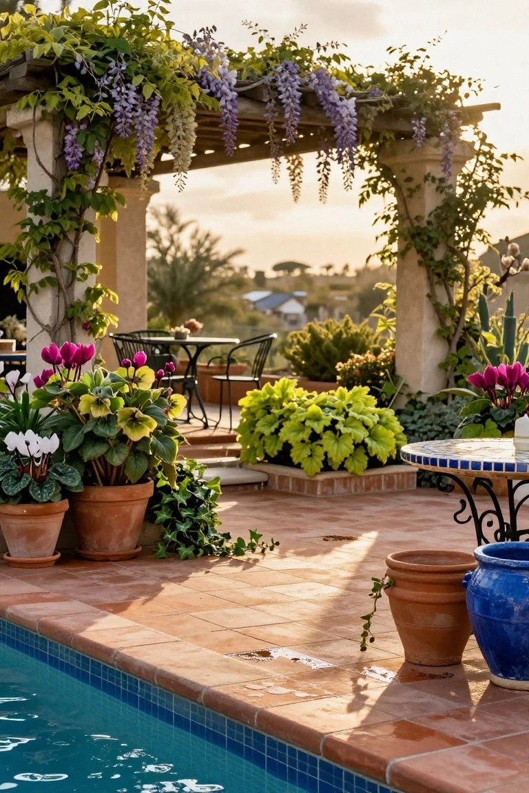Poolside terrace with terracotta tiles edged by a swimming pool, wooden pergola covered in purple wisteria vines, potted plants including cyclamen and hostas, and metal bistro furniture under the shade.