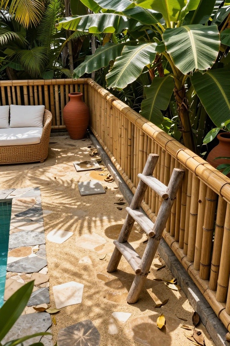 Pool deck with bamboo pole railing, wooden ladder leaning on it, wicker lounge chairs with white cushions, terracotta pots, tropical plants, and an in-ground pool edged in stone tiles.