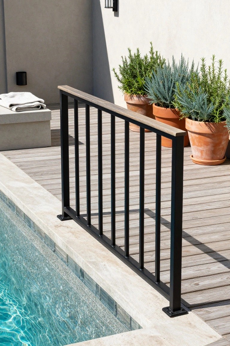 Wooden deck beside a turquoise pool edged in stone, with black vertical metal railing, potted rosemary and blue-green succulents in terracotta pots, and a folded white towel on a concrete bench.