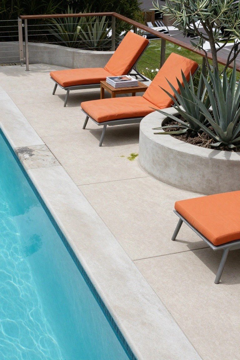 Pool deck with orange lounge chairs arranged near a cable infill railing topped with wood, agave plants in concrete planters, and a bright blue swimming pool edge.
