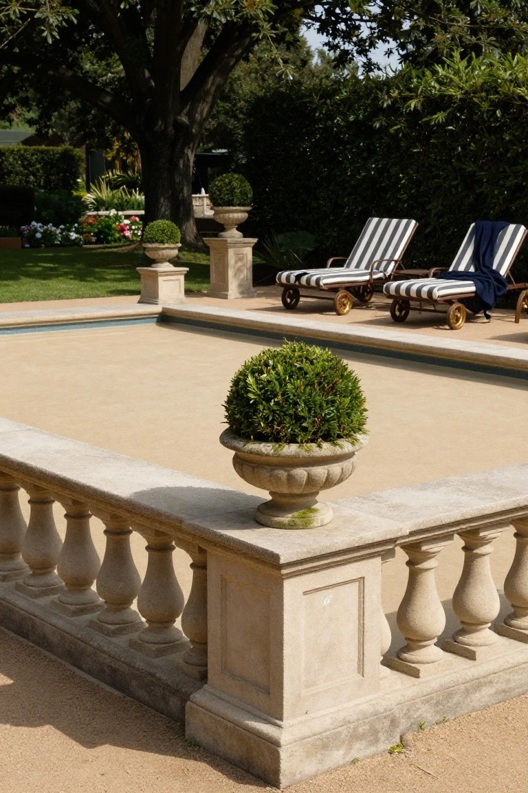 Stone balustrade with potted shrub overlooking poolside lounge chairs.