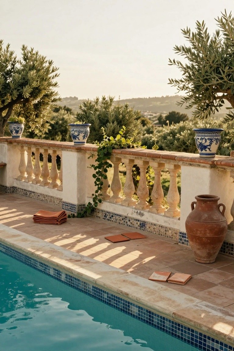 Pool deck edged with white stucco balustrade featuring turned balusters, terracotta tile top, climbing ivy, blue porcelain pots, and large terracotta jars, overlooking olive trees and distant hills.