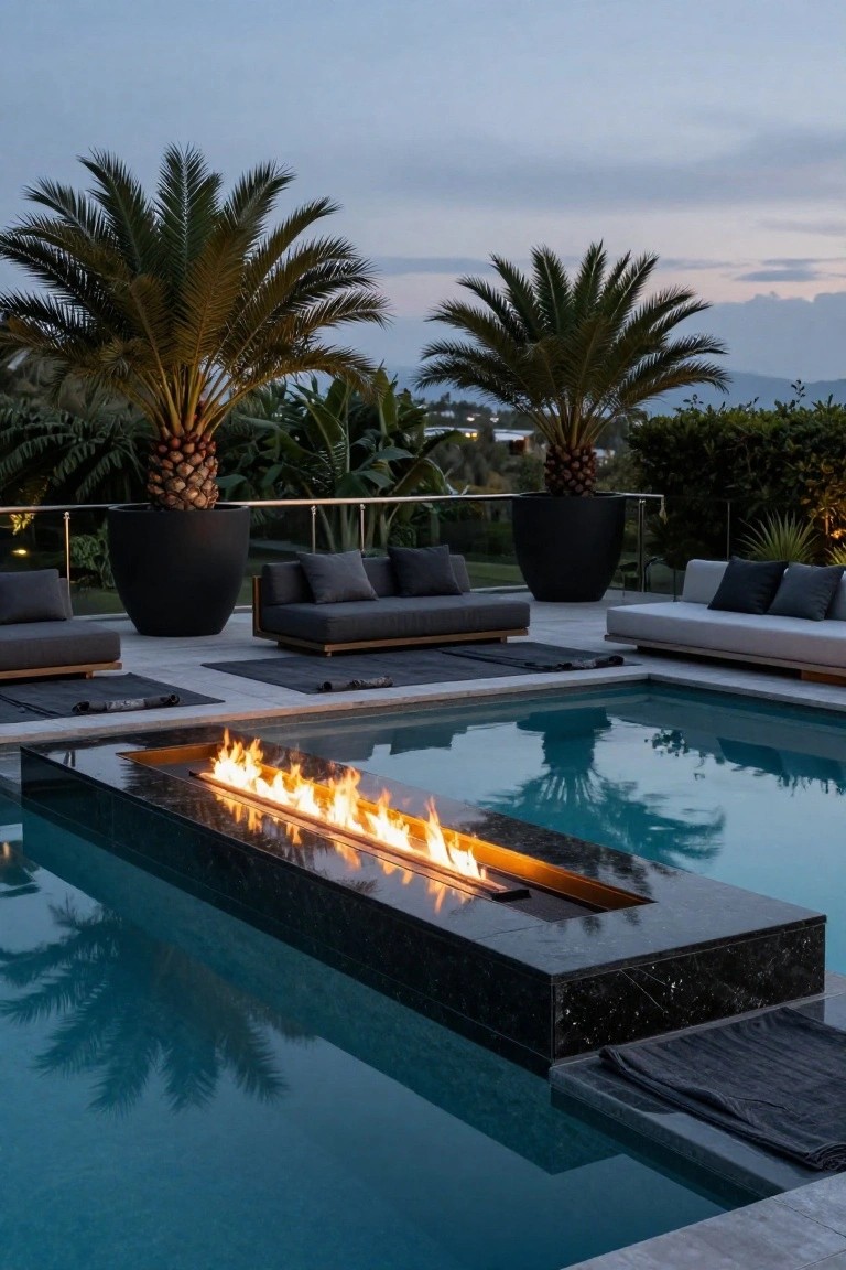 Pool deck at dusk with linear gas fire feature in turquoise water, black stone platform, gray lounge seating on rugs, large black pots holding palm trees, and frameless glass railing with slim stainless steel posts overlooking landscaped hillside.
