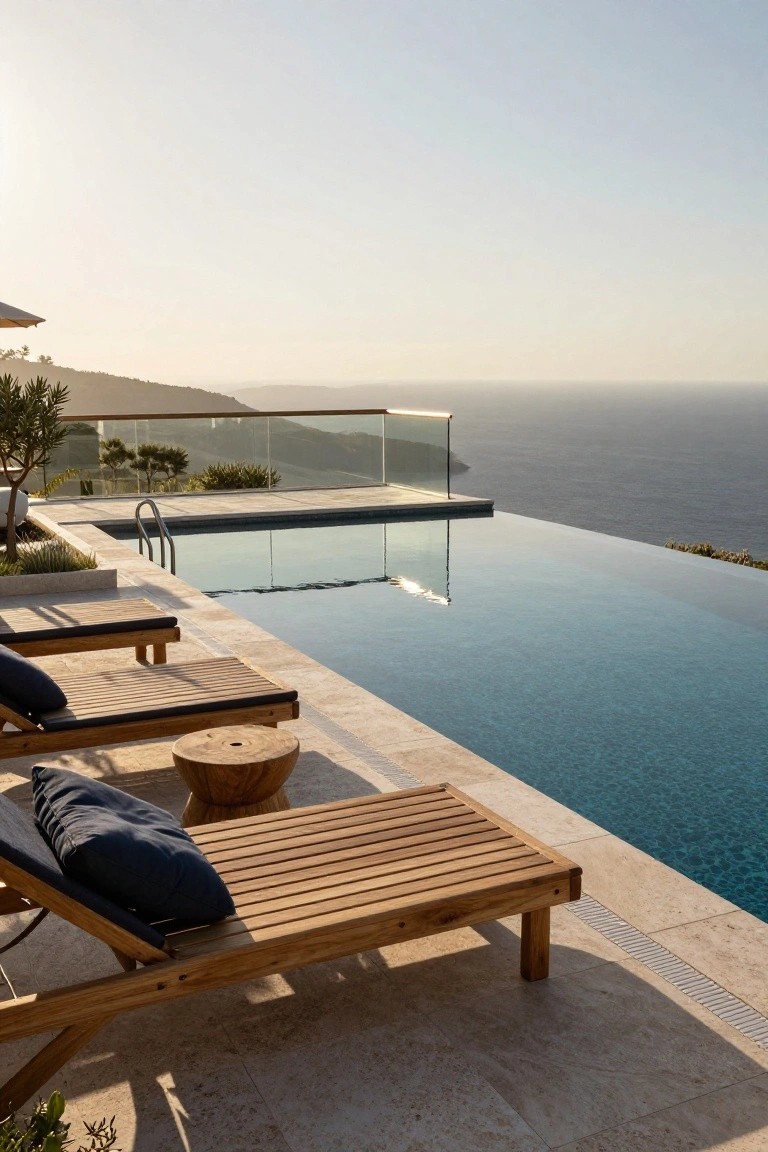 Infinity pool on a stone deck with clear glass railings overlooking the ocean and hills at sunset, wooden loungers with blue cushions positioned along the edge.