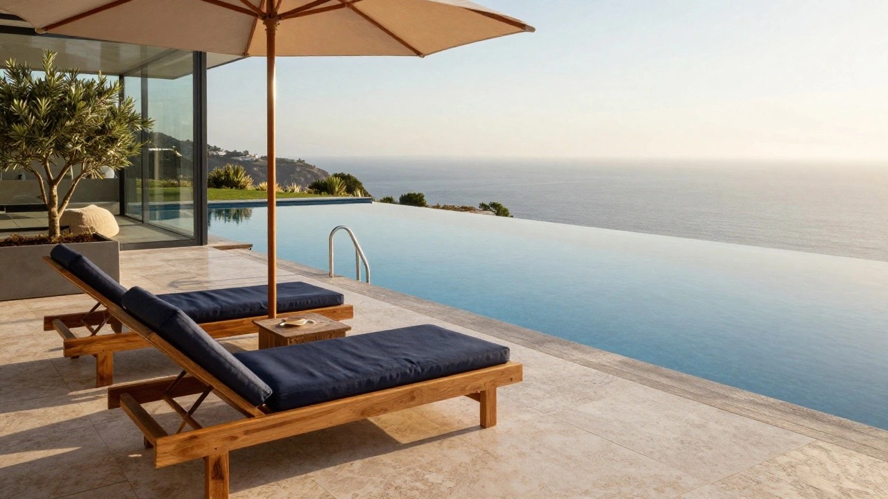 Infinity pool on a stone deck with clear glass railings overlooking the ocean and hills at sunset, wooden loungers with blue cushions positioned along the edge.