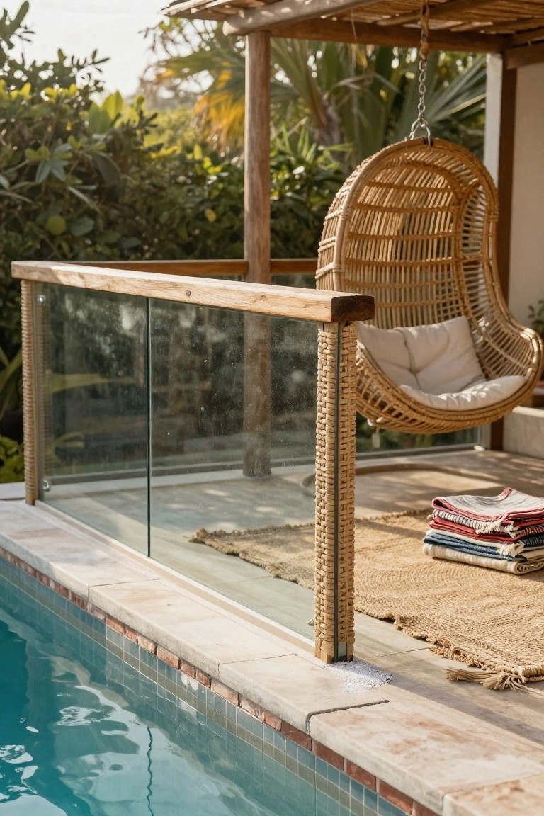 Rattan hanging chair by poolside with glass railing and folded towels.