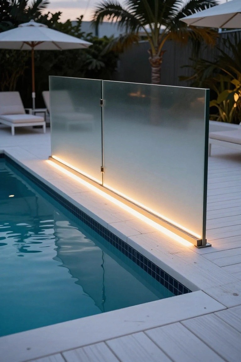 Pool deck with tall frosted glass railing panels mounted on white decking beside a blue-tiled pool, featuring LED strip lights glowing along the base of the railing, lounge chairs nearby, and tropical plants in the background.