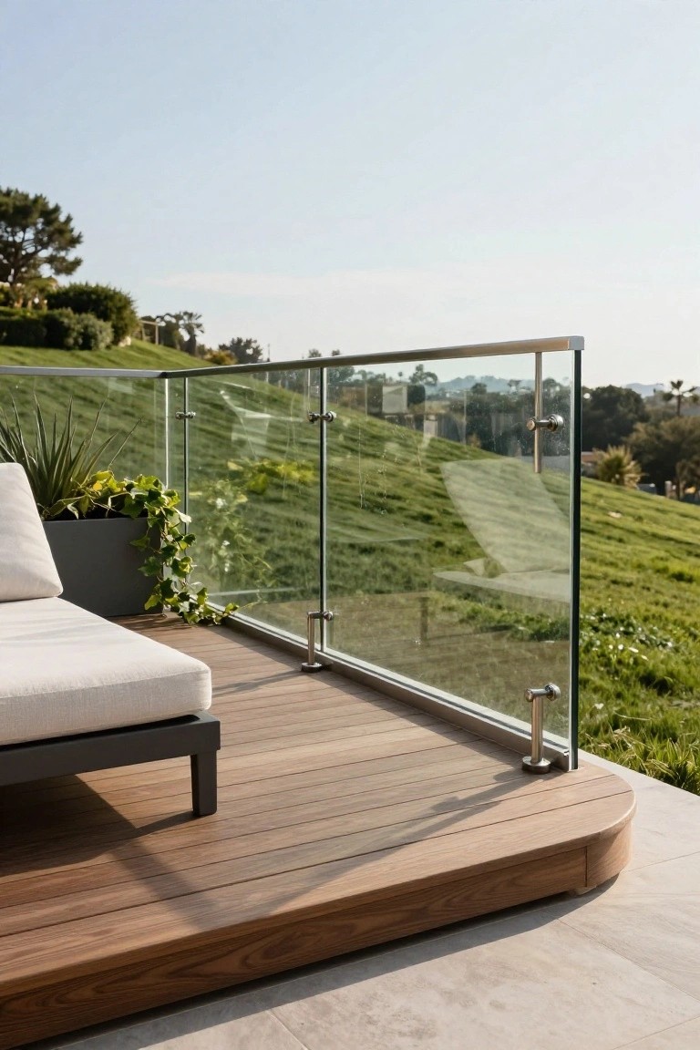 Wooden deck with frameless glass railings supported by stainless steel posts, a white cushioned lounge chair, potted plants with ivy, overlooking a grassy hillside and distant trees under a blue sky.