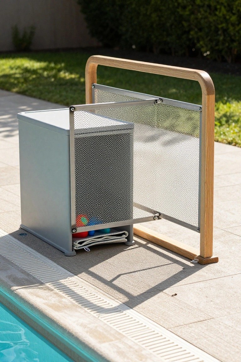 Gray metal storage bin with mesh sides and wooden frame railing next to a pool edge on a tiled deck, holding colorful balls, a towel, and a rolled mat.