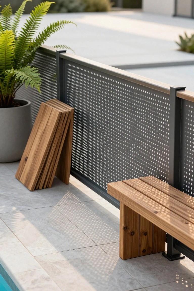 Gray perforated metal pool deck railing with attached wooden bench, stacked wooden slats on tiled gray floor, potted green fern plant, and edge of swimming pool.