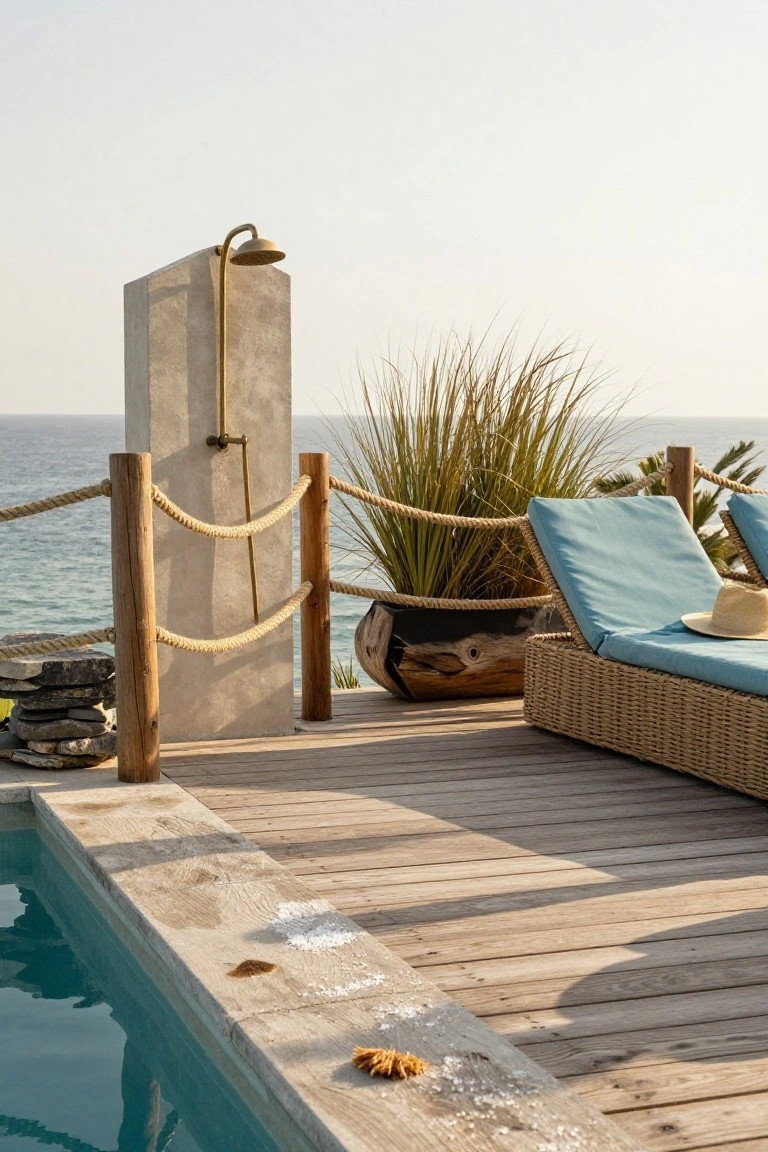 Wooden deck beside an infinity-edge pool with rope railings on posts, an outdoor shower mounted on a stone pillar, blue loungers with cushions and a hat, potted grasses, and ocean horizon.
