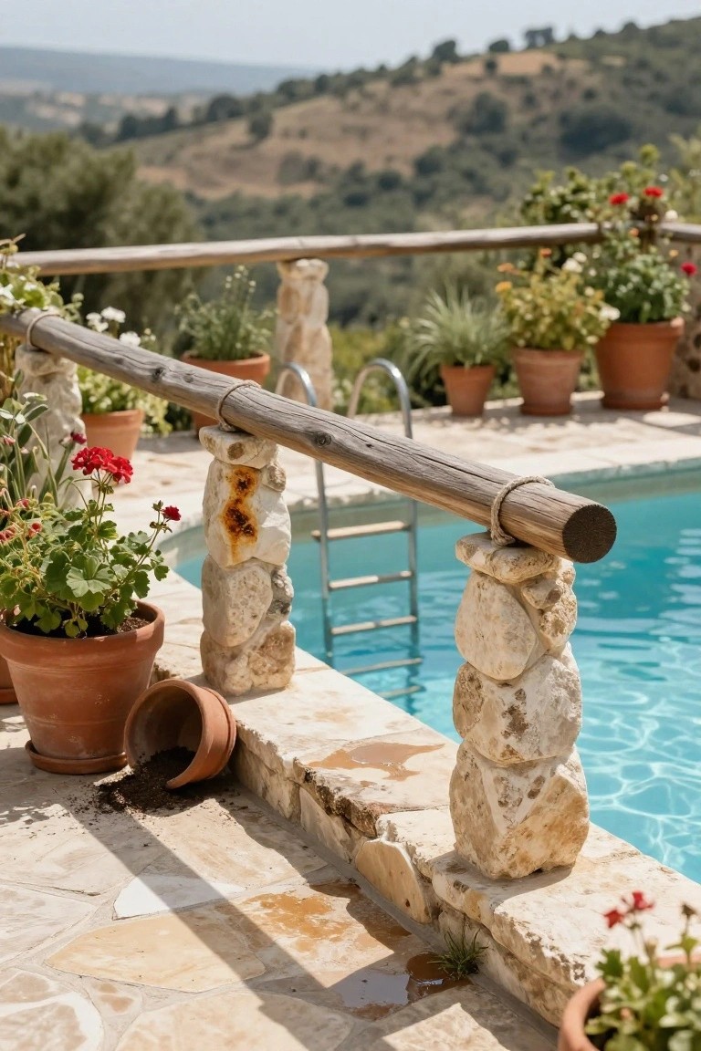 Pool deck railing made of weathered wooden handrail roped to stacked stone posts beside a turquoise swimming pool with metal ladder, surrounded by terracotta pots of red geraniums and other plants on stone terrace flooring, with distant hilly landscape.