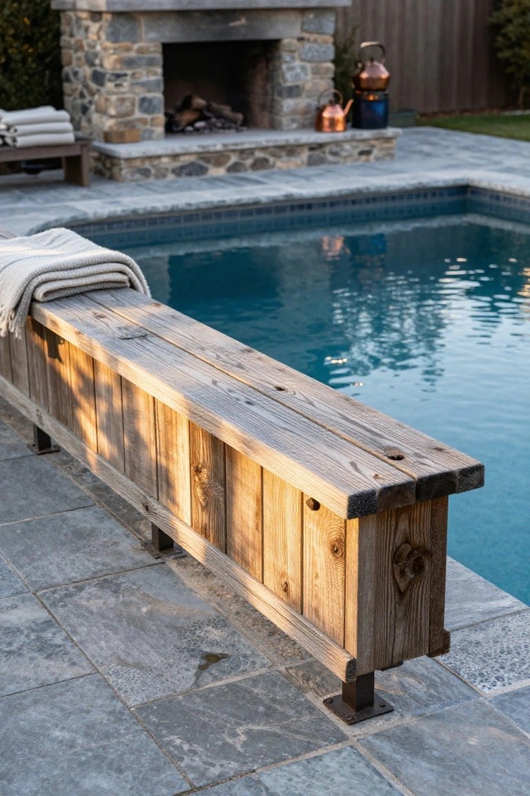 Weathered wooden bench along the edge of a rectangular blue pool on a gray stone paver deck, with white towels draped over the bench and a stone outdoor fireplace nearby.