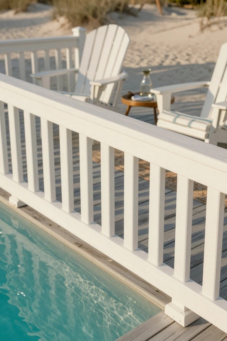 White wooden railing with vertical balusters along the edge of a turquoise pool on a wooden deck, beside Adirondack chairs and beach dunes.