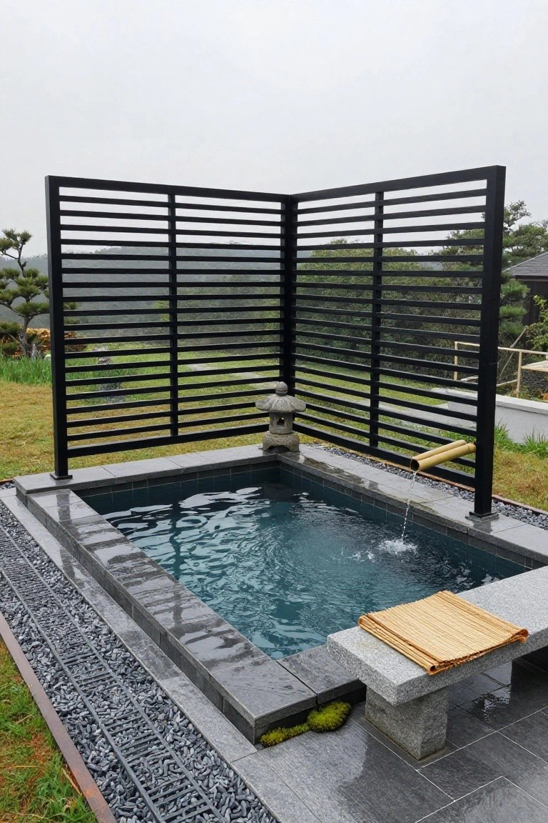 Small rectangular pool with turquoise water in a corner surrounded by tall black horizontal slat metal railings, stone lantern nearby, bamboo water spout filling the pool, granite bench with bamboo mat, gravel ground cover, grass, and trees under overcast sky.
