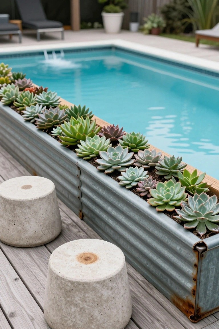 A turquoise pool with a raised corrugated galvanized metal planter box along one edge filled with various green and pink succulents, concrete stools on wooden decking in the foreground, lounge chairs and potted plants in the background.