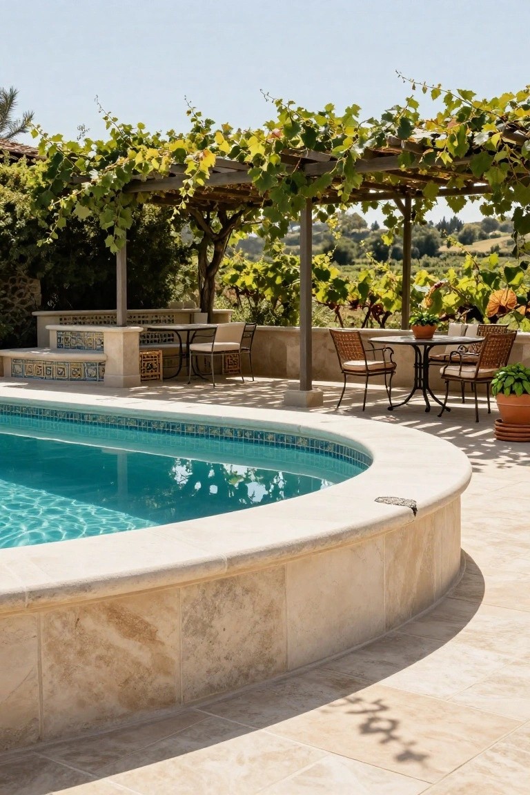 Curved blue-tiled swimming pool with thick beige stone coping edge on a tiled deck, adjacent to an outdoor dining table and chairs under a wooden pergola covered in green vines, with potted plants and distant vineyard landscape.