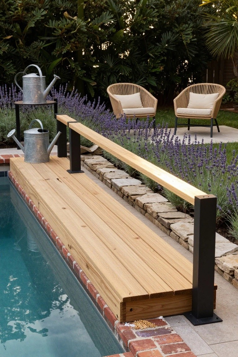 Wooden deck platform with horizontal wood handrail on black metal posts runs along the edge of a rectangular inground pool, bordered by lavender plants, stone edging, metal watering cans on stands, and rattan lounge chairs in the background.