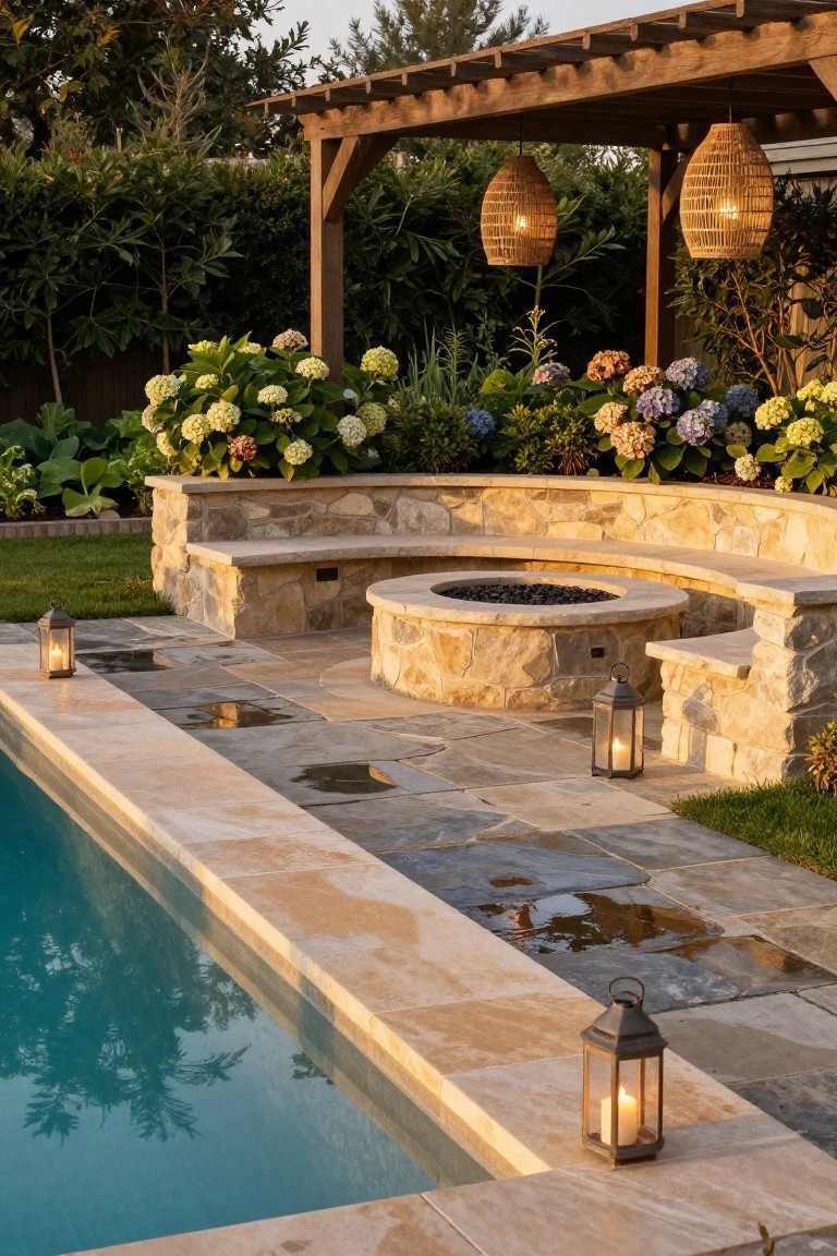 Curved beige stone bench encircling a gas fire pit on a tiled patio next to an inground pool, with lanterns, hydrangeas, and a wooden pergola in the background.