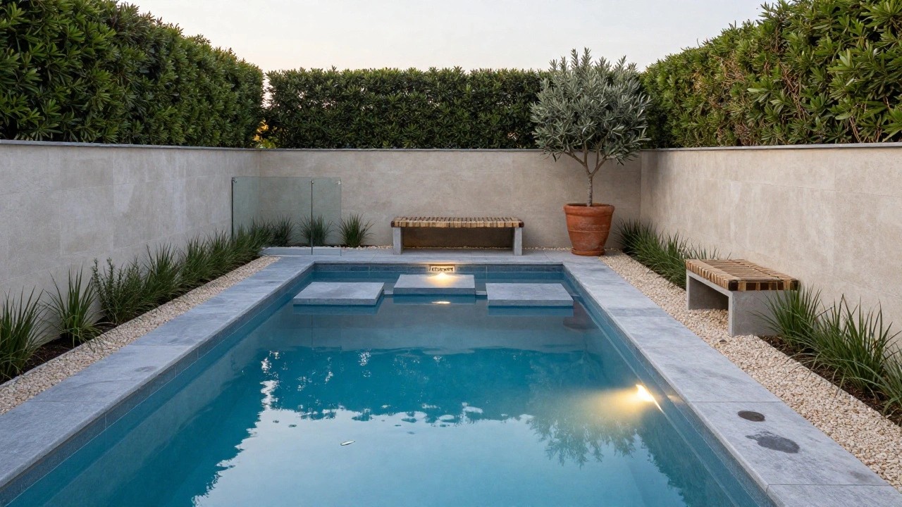 Inground swimming pool with light stone coping slabs containing embedded beds of upright grasses, a built-in concrete bench with rattan seat and cushion, glass pool fencing, and background hedges with an olive tree in a terracotta pot.