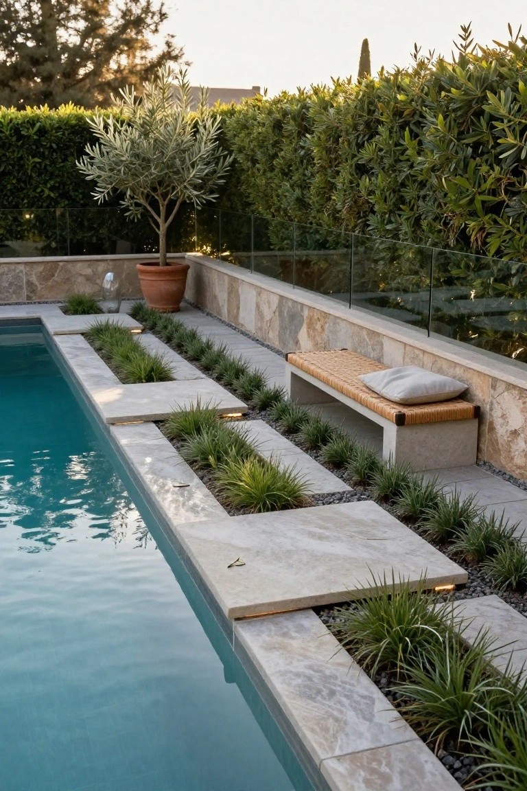 Inground swimming pool with light stone coping slabs containing embedded beds of upright grasses, a built-in concrete bench with rattan seat and cushion, glass pool fencing, and background hedges with an olive tree in a terracotta pot.