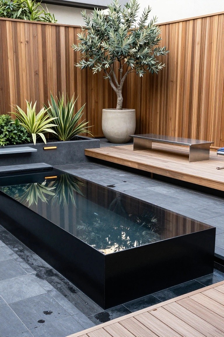 Rectangular black inground pool with reflective water surface beside a wooden deck platform and stainless steel bench, surrounded by potted plants, agave, olive tree, and timber fencing on dark stone paving.