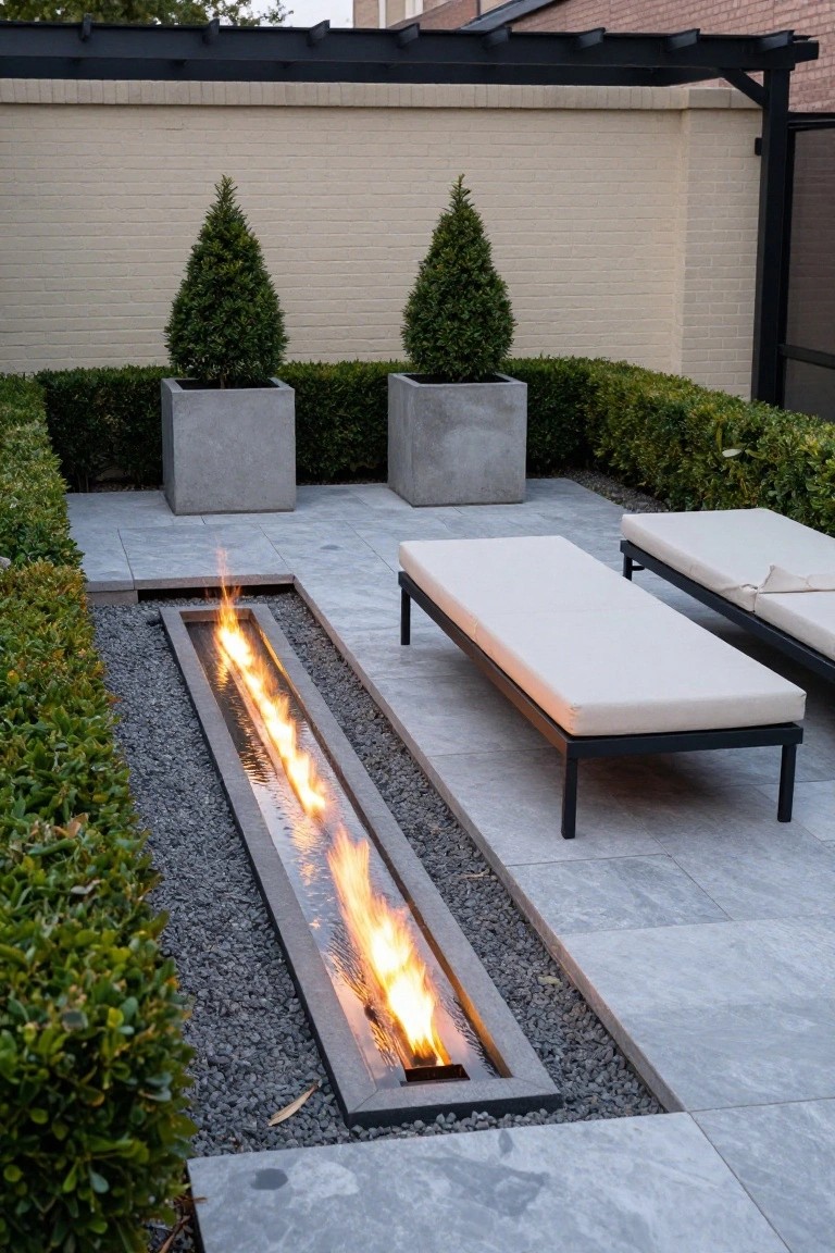 Modern outdoor patio featuring a linear gas fire pit in a concrete trough amid gray pavers and gravel, bordered by boxwood hedges, two tall potted conifer trees, and two beige lounge chairs.