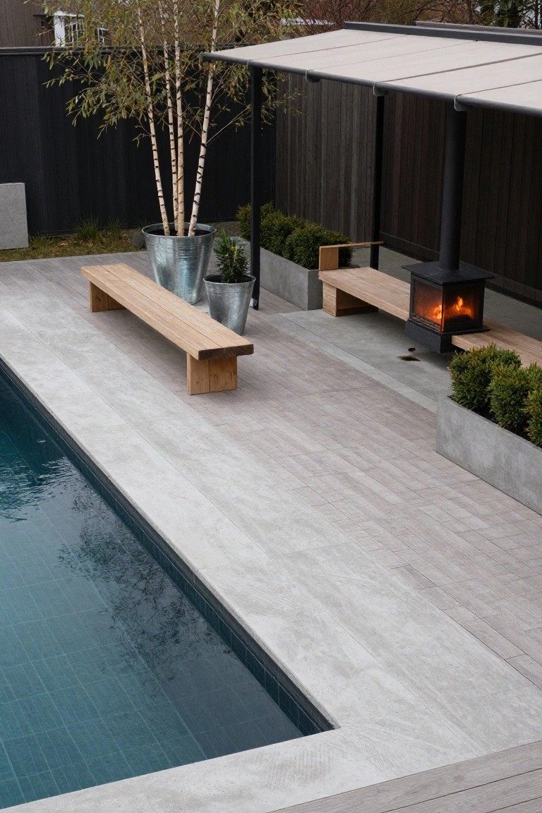 Overhead view of a rectangular inground pool with light blue tiles, surrounded by light gray concrete decking, wooden benches, a metal fire pit, galvanized bucket planters with birch trees, and concrete boxes with boxwood shrubs.