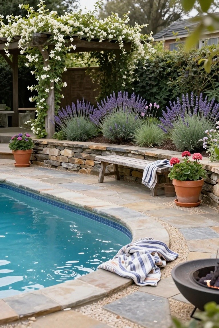 Curved inground pool with blue tiles, adjacent low stone retaining wall holding back soil and featuring a wooden bench with striped towel, flanked by lavender bushes, ornamental grasses, potted geraniums, jasmine-covered pergola, and nearby black fire pit.