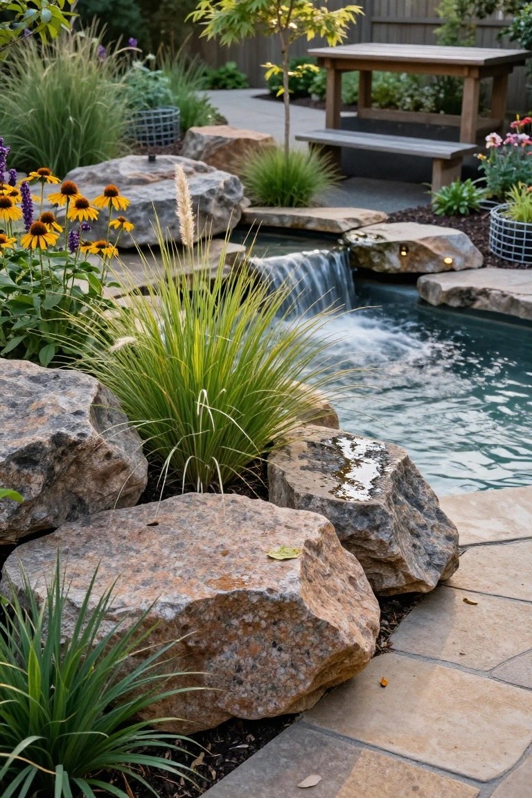 Lush garden with rocks, tall grasses, waterfall, and stone patio.